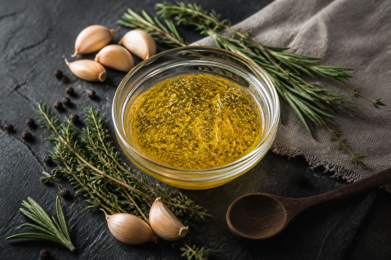Homemade Basting Oil Ingredients on a Rustic Kitchen Counter
