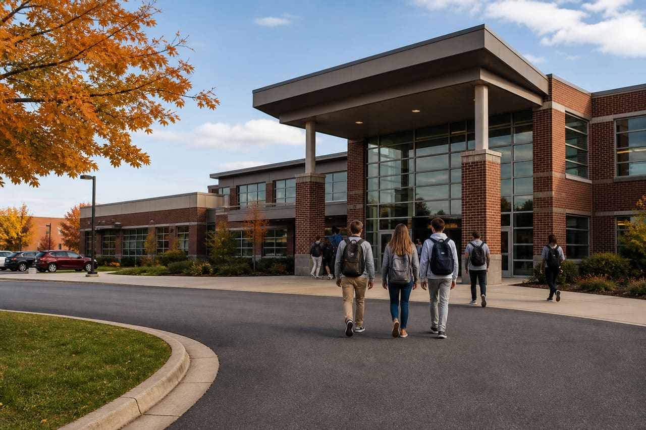 Students Walking Toward Modern Brick High School Campus