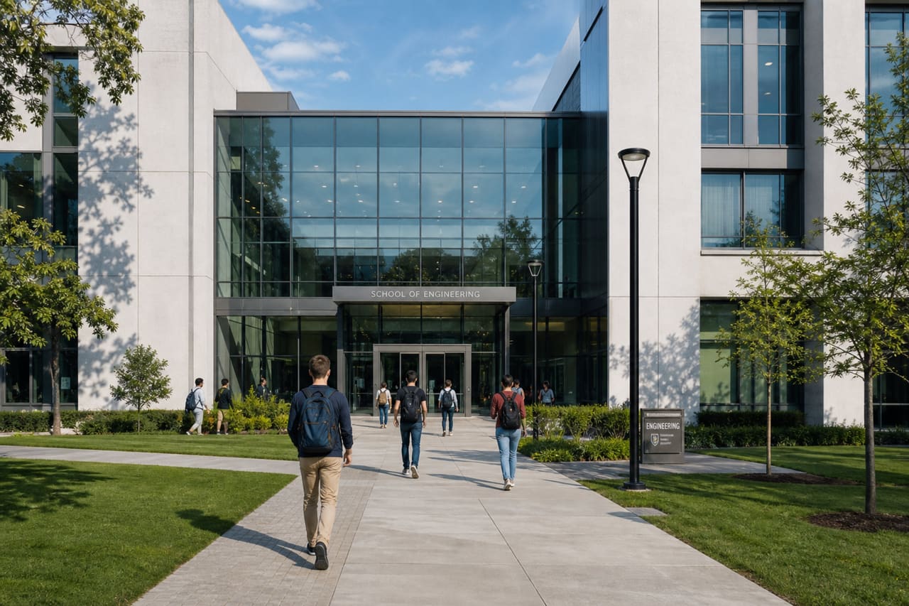 Students Walking Toward Modern University Building at Tamuc