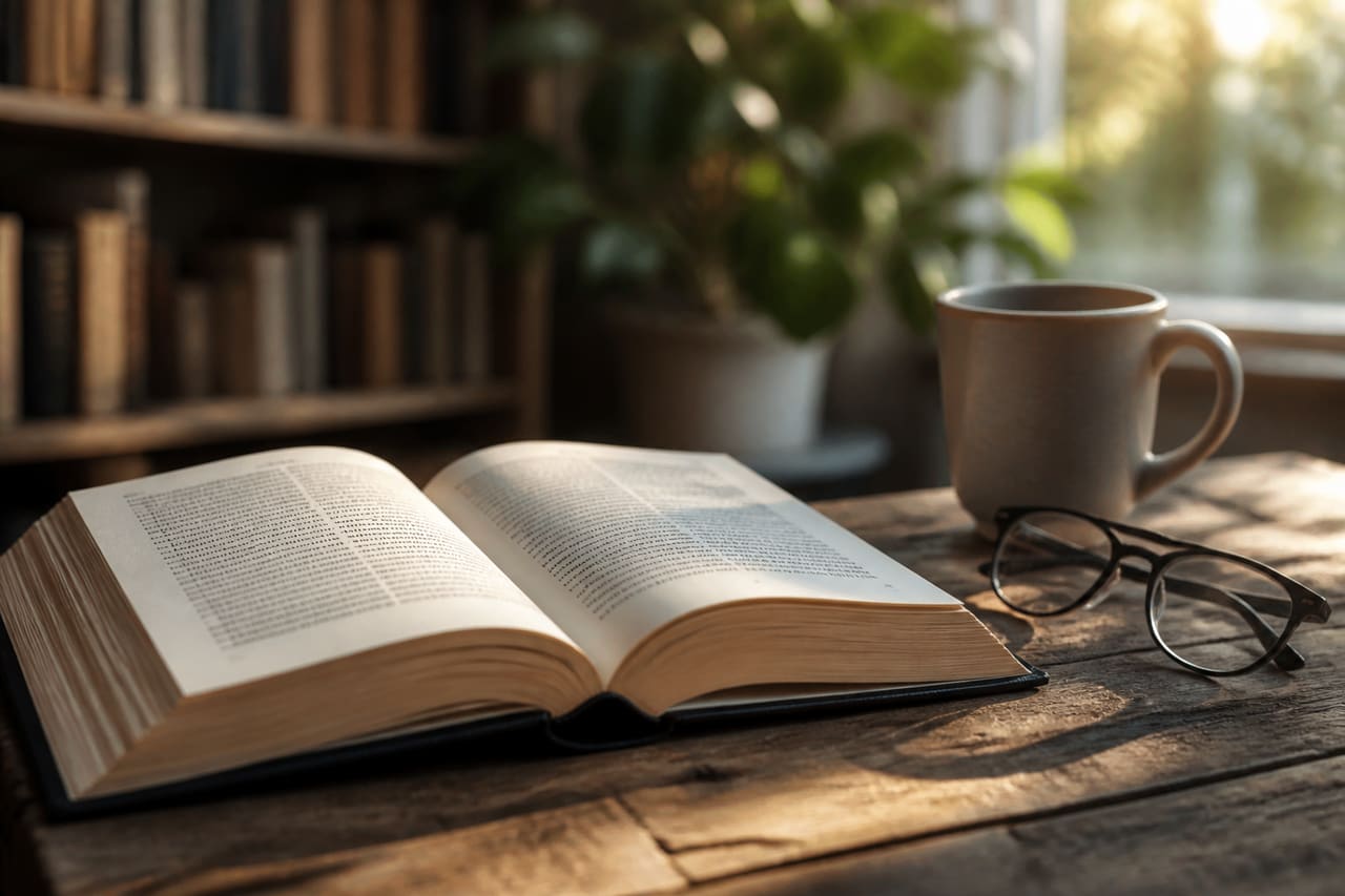 Open Self Help Book on a Wooden Table with Reading Glasses