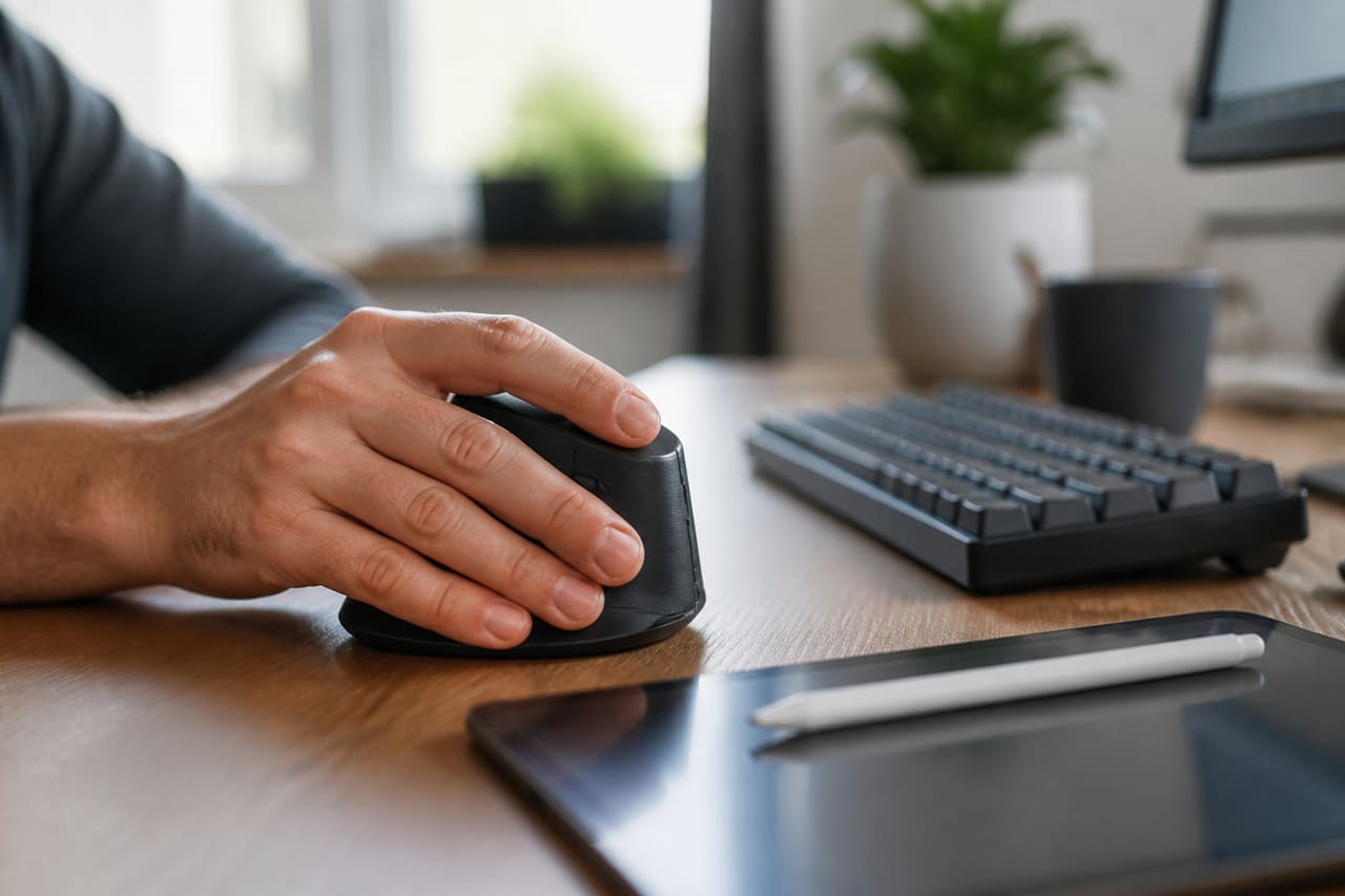 Person Using Ergonomic Vertical Mouse on Wooden Desk