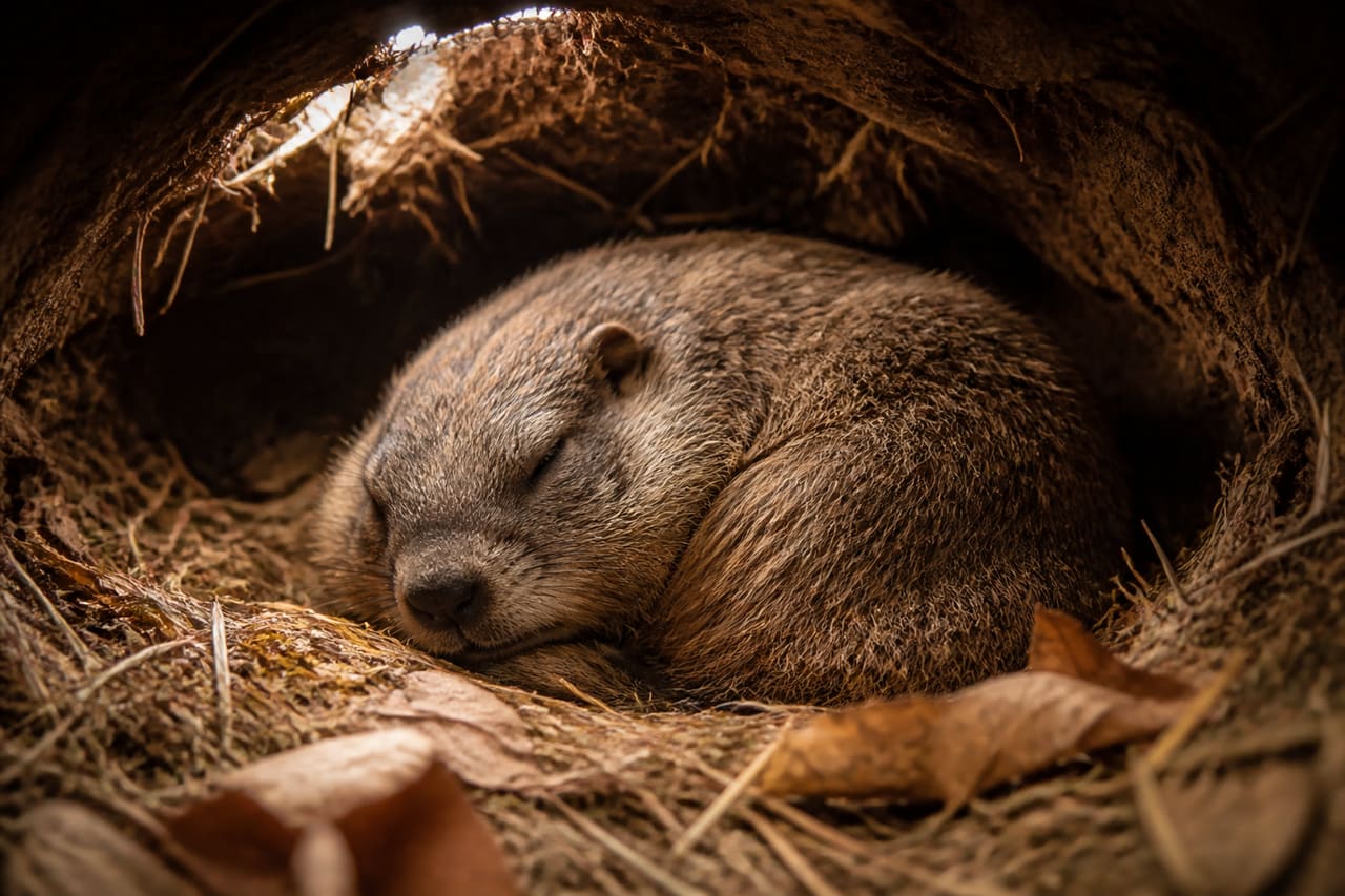 Sleeping Groundhog Nestled in Underground Winter Burrow