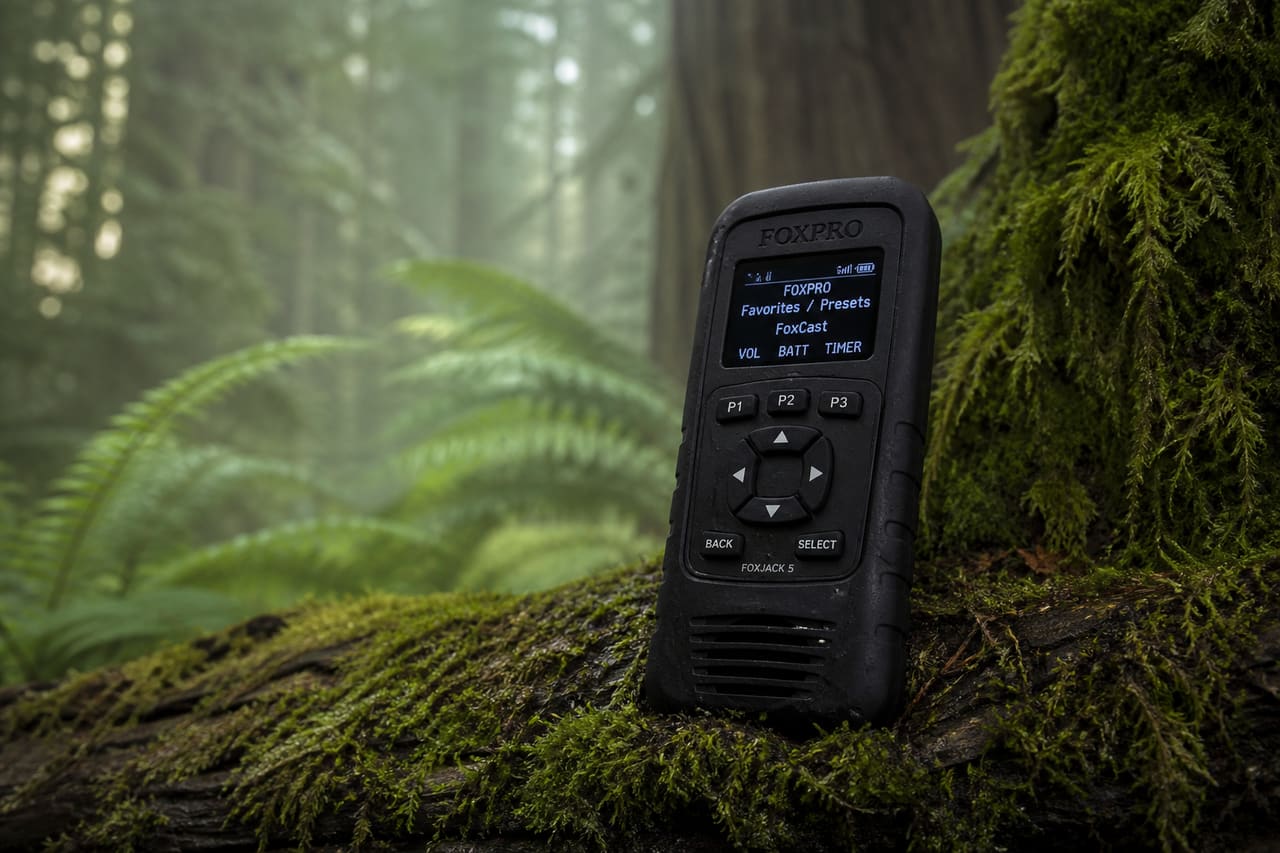 Professional Electronic Bird Call Device on a Mossy Forest Log