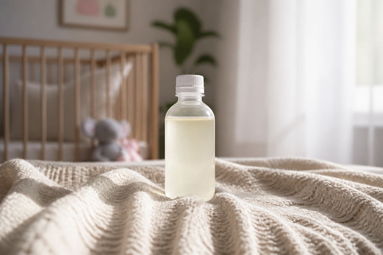 Caregiver Administering Gripe Water to an Infant in a Nursery