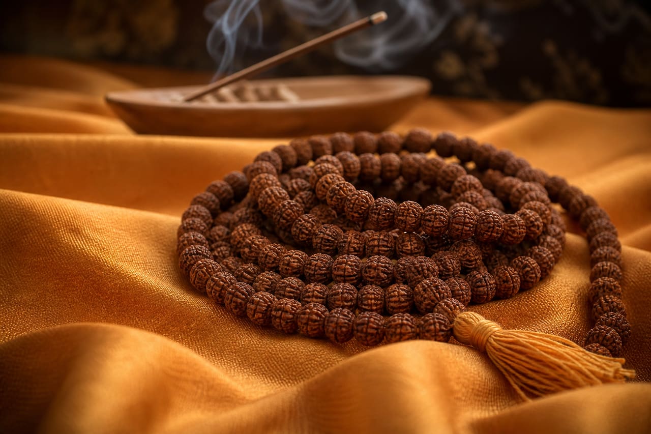 Wooden Mala Prayer Beads with 108 Seeds on a Silk Cloth