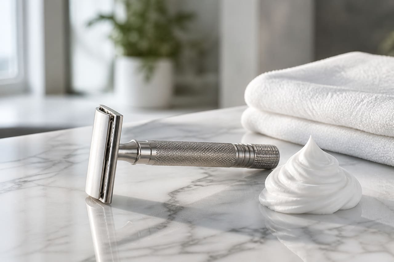 Modern Ergonomic Safety Razor on a Marble Bathroom Counter