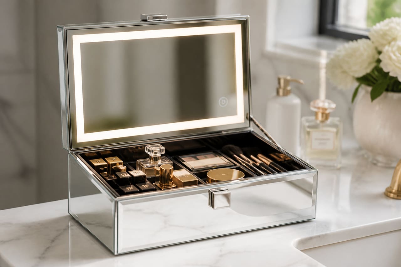 Luxury Mirrored Vanity Box with Cosmetics on Marble Counter