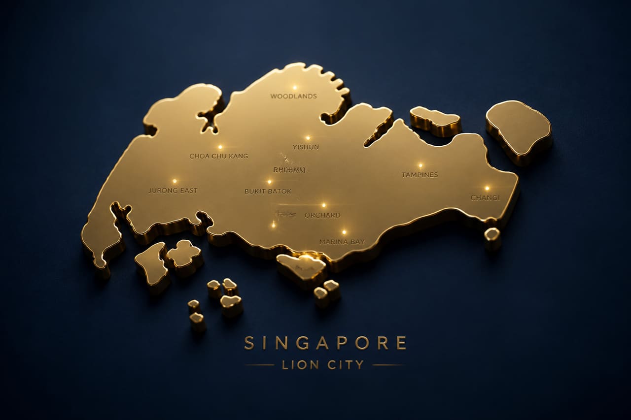Gold Singapore Map Logo on Navy Blue Background