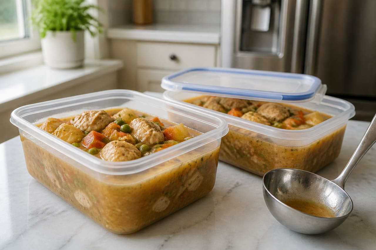 Chicken Stew Portioned Into Freezer Storage Containers