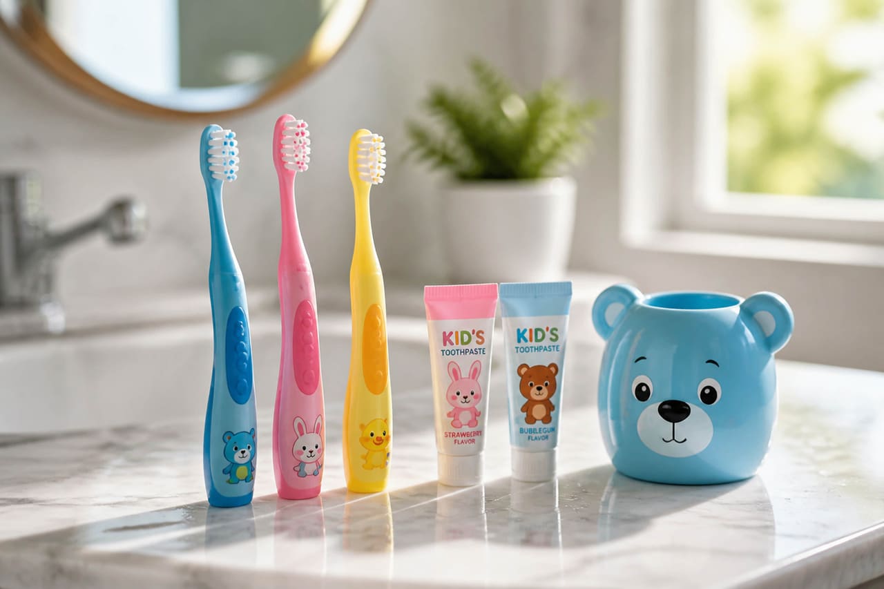 Colorful Toothbrush Set Kids on a Marble Bathroom Counter