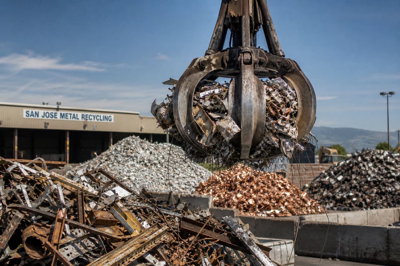 Industrial Claw Crane Lifting Scrap Metal at Recycling Facility