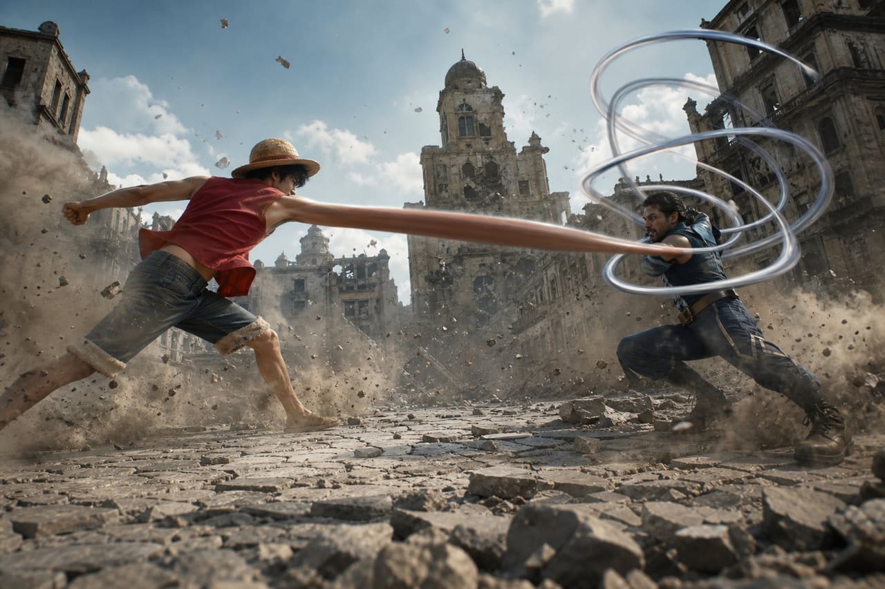 Two Elastic Superheroes Fighting in a Ruined City Square