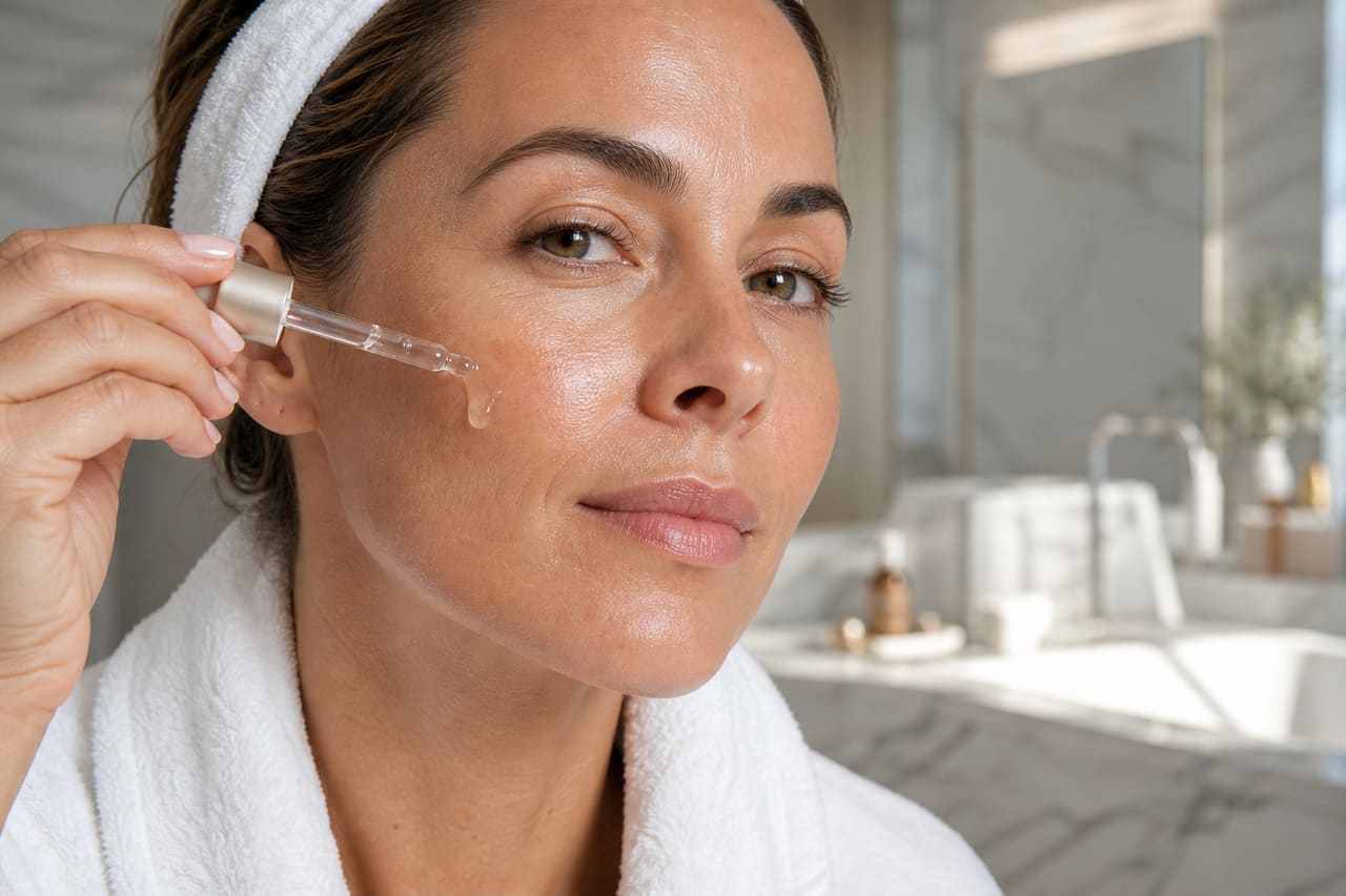 Woman Applying Anti-Aging Face Serum in a Bright Bathroom