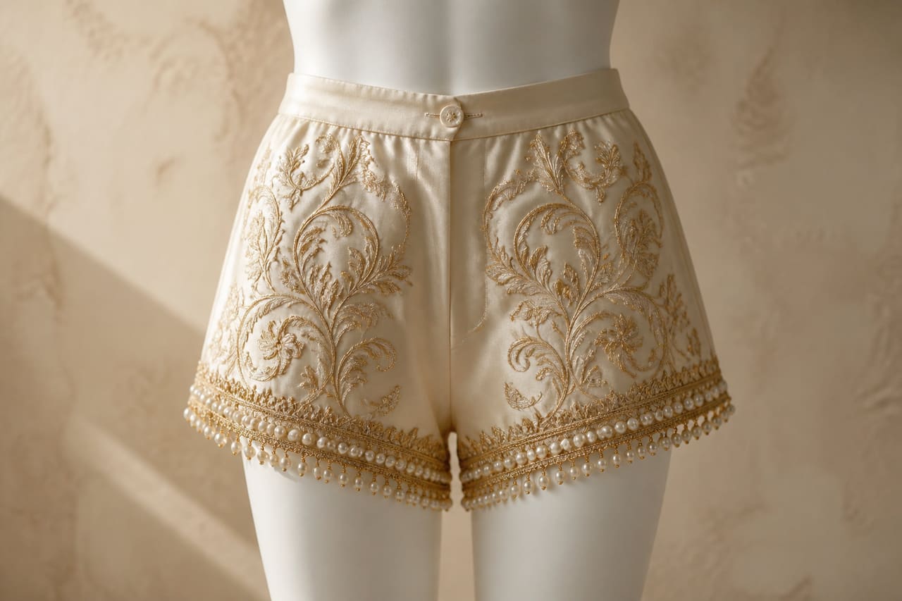 Cream Silk Royal Core Shorts SS19 on a Mannequin