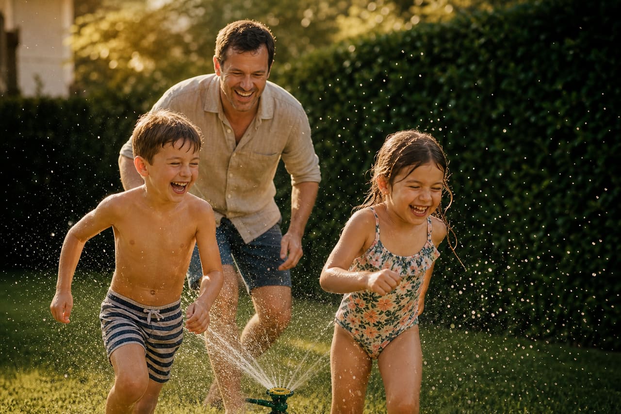 Father Laughing with His Children in a Sunny Backyard