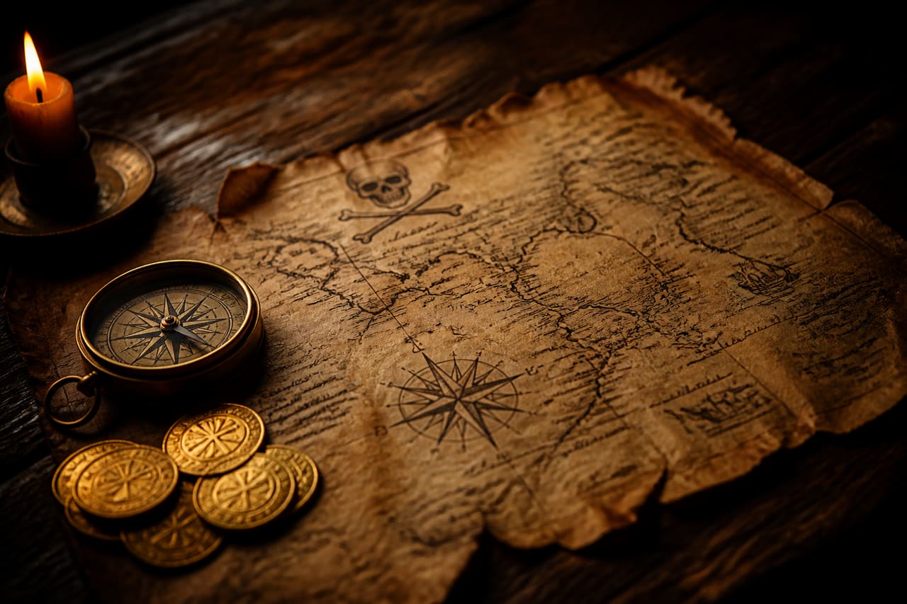 Antique Pirate Map and Compass on Weathered Wooden Table