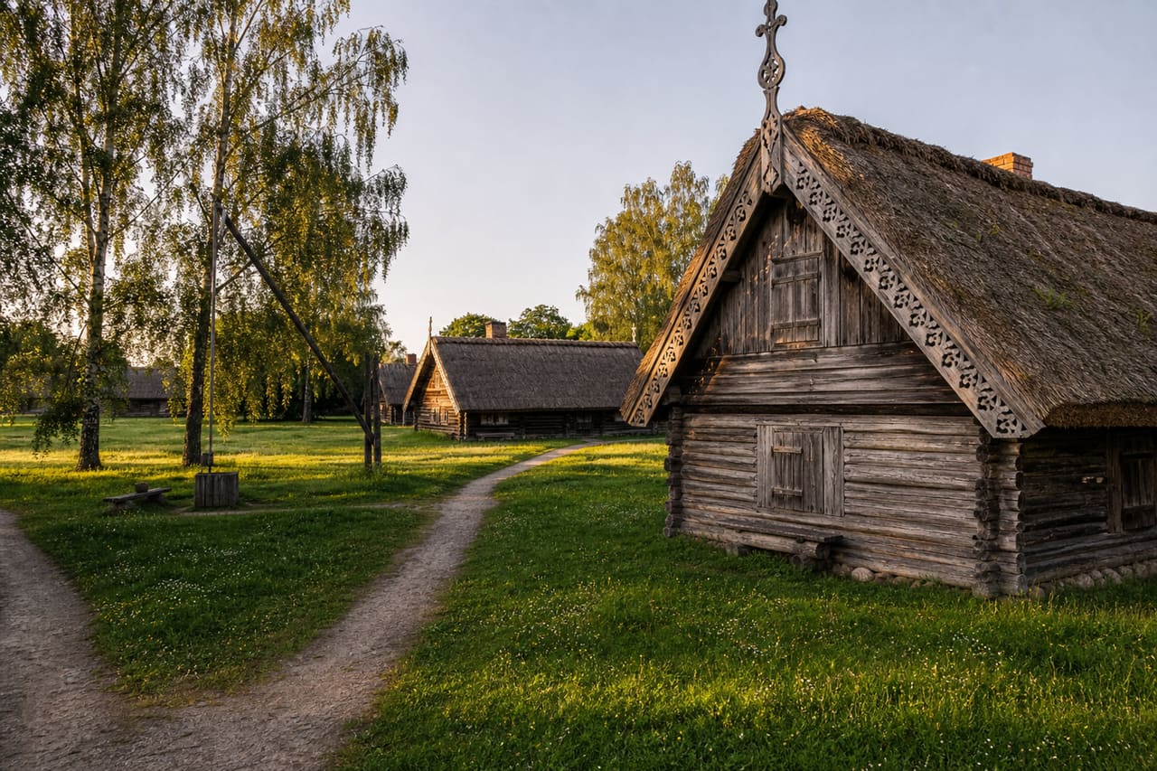 Traditional Wooden Houses at the Latvian Ethnographic Open-Air Museum