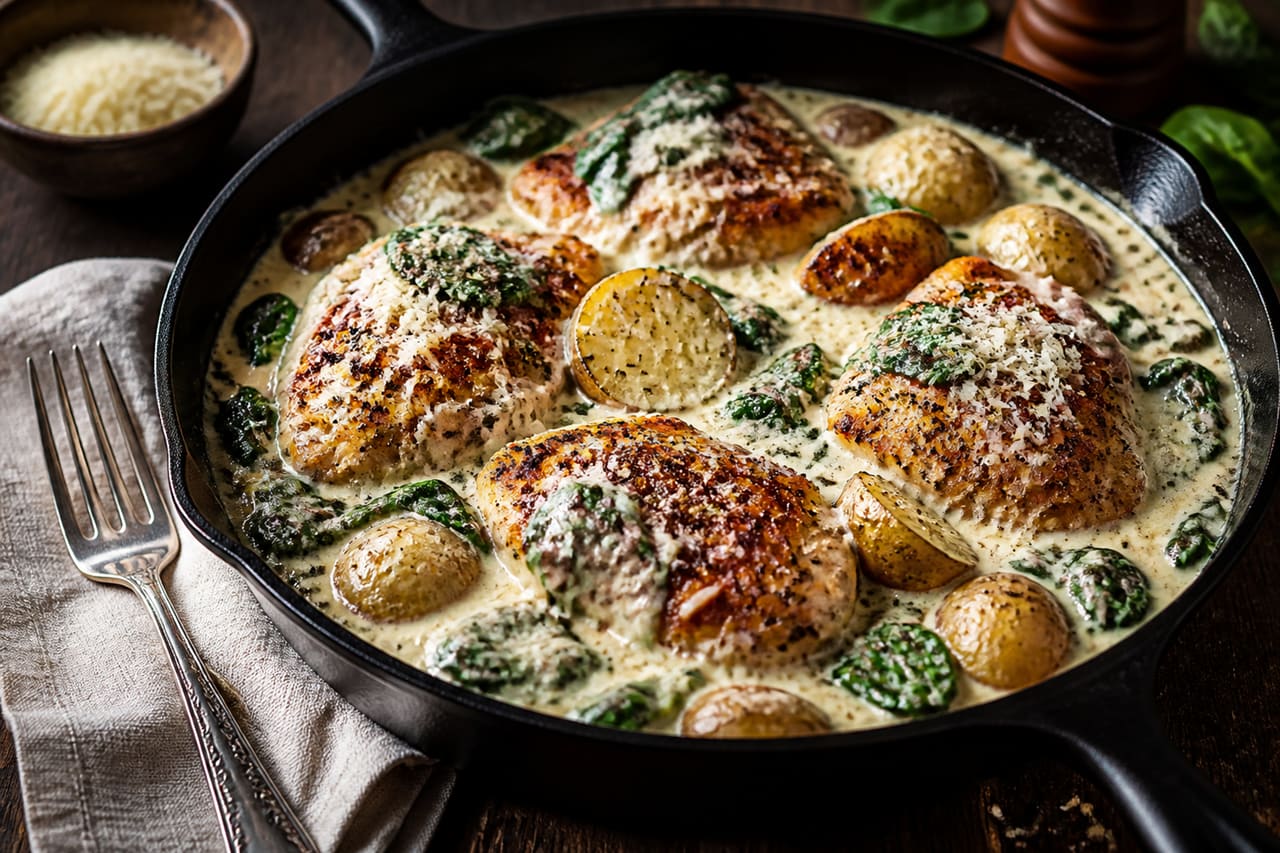 Seared Chicken and Roasted Potatoes in Garlic Parmesan Spinach Cream Sauce