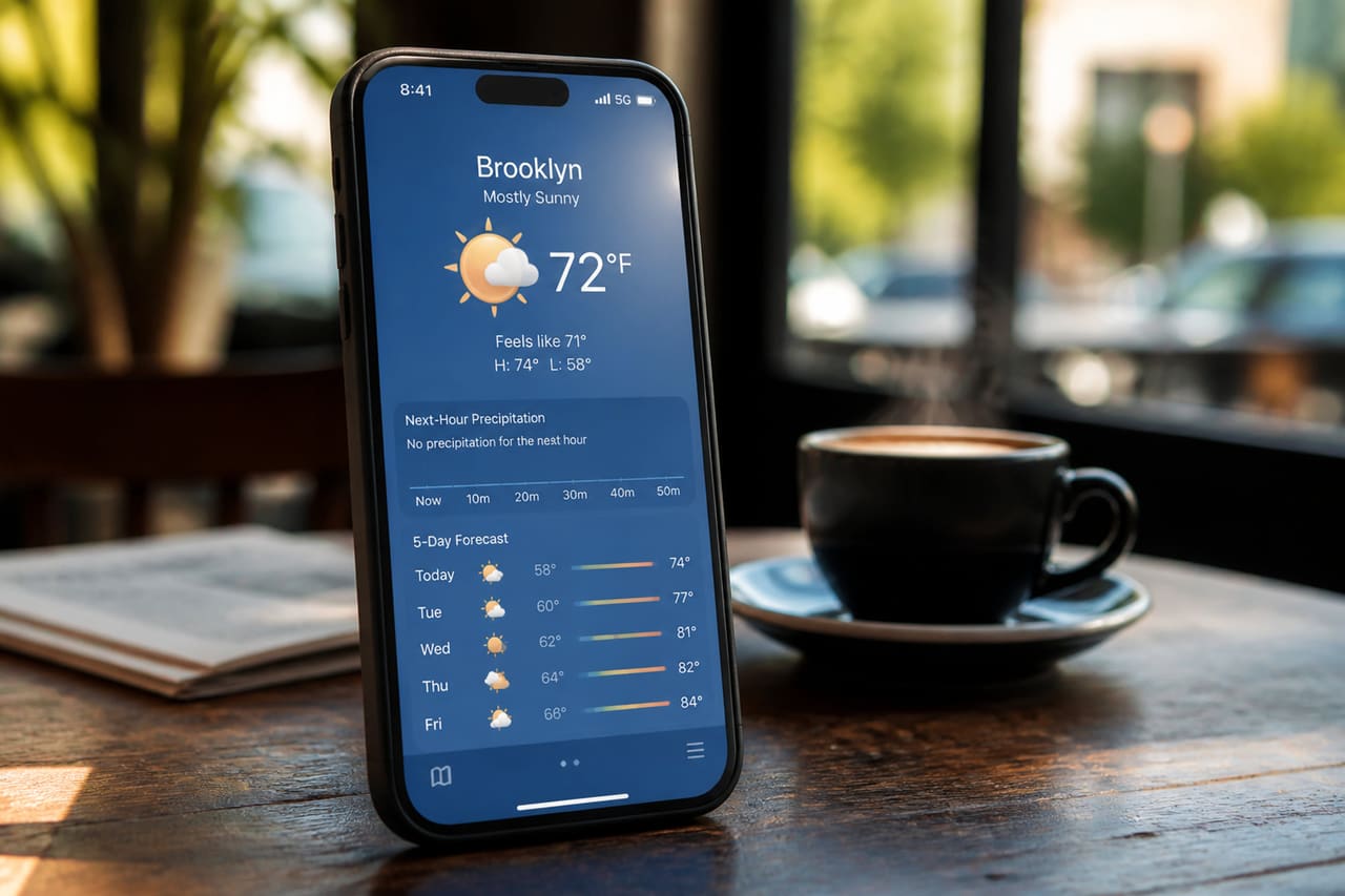 Smartphone Displaying Weather Report on a Cafe Table