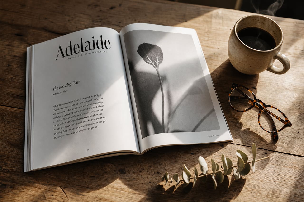 Open Adelaide Literary Magazine on a Rustic Wooden Table