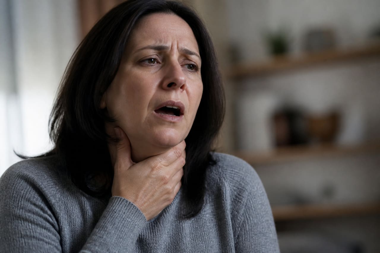 Man Clutching His Throat in Pain