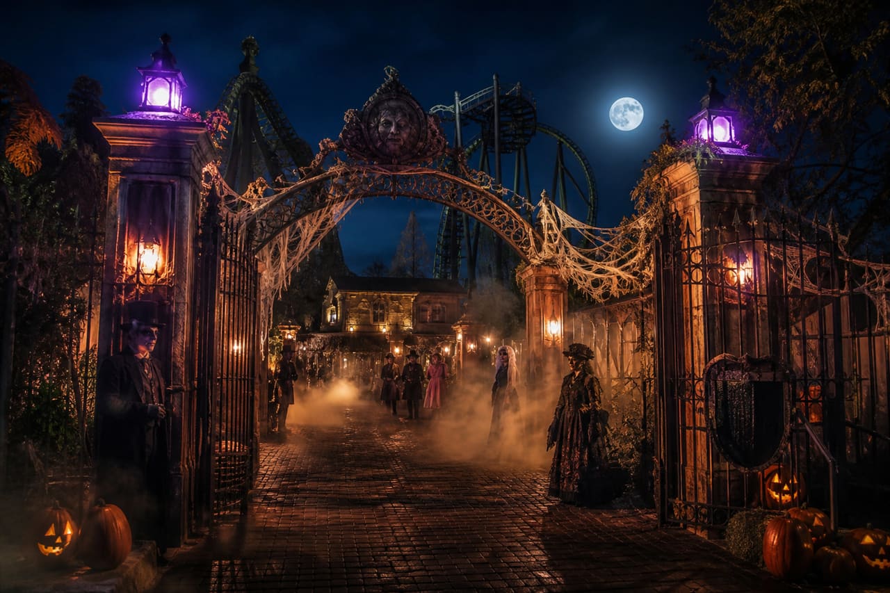 Spooky Entrance and Roller Coaster at Haunt Great America