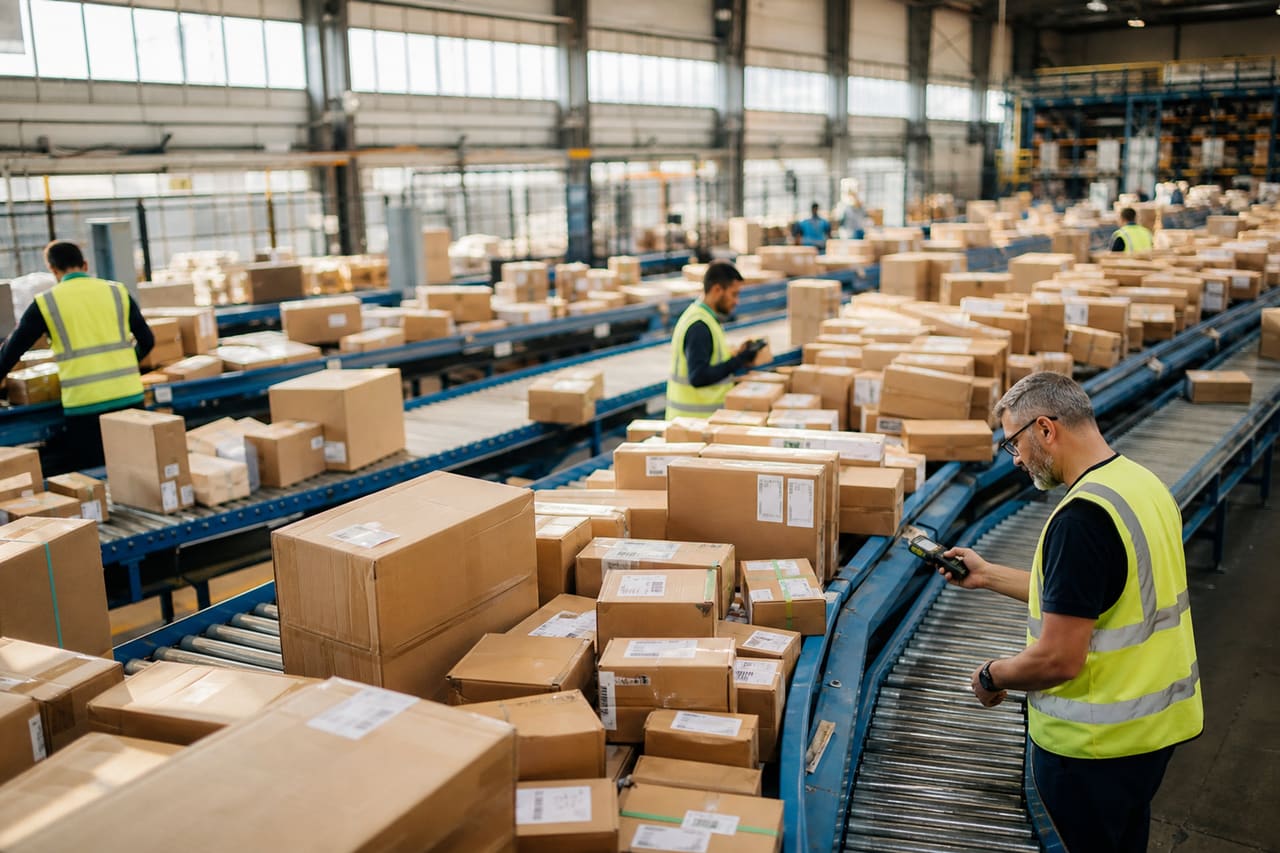 Logistics Workers Managing a Surge of Packages in a Warehouse