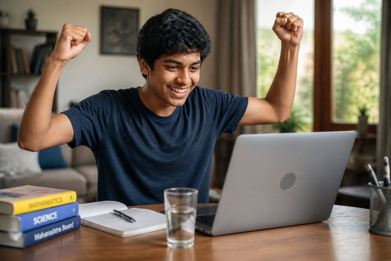 Indian Student Celebrating Maharashtra Board Ssc Results at Home