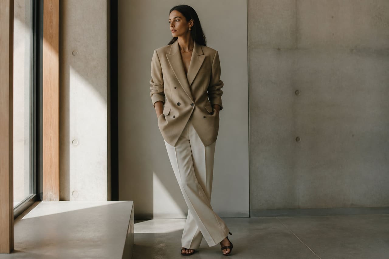 Elegant Woman in Minimalist Fashion Posing in Modern Architecture