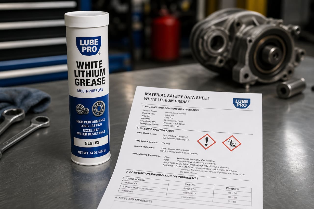White Lithium Grease Tube and Msds Document on Industrial Workbench