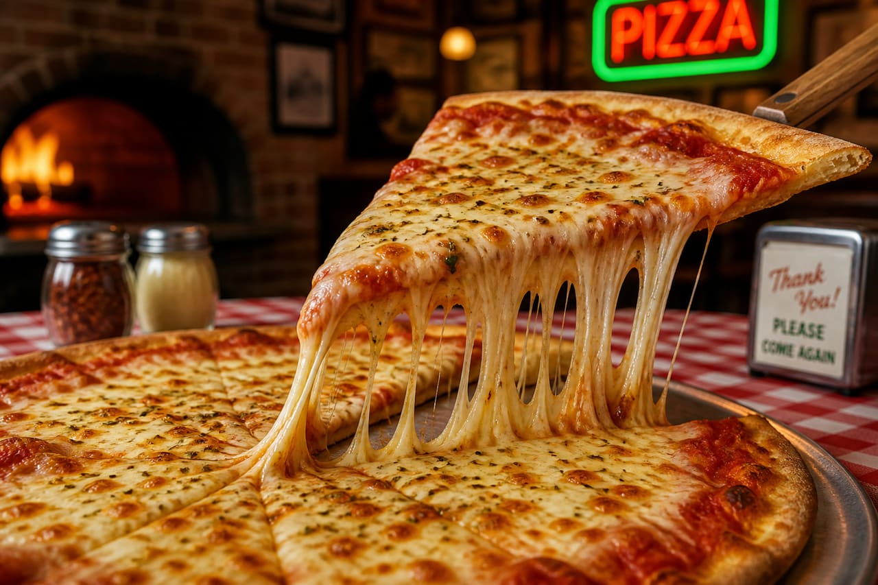 Freshly Baked New Jersey Pizza Slice with Cheese Stretch in Pizzeria