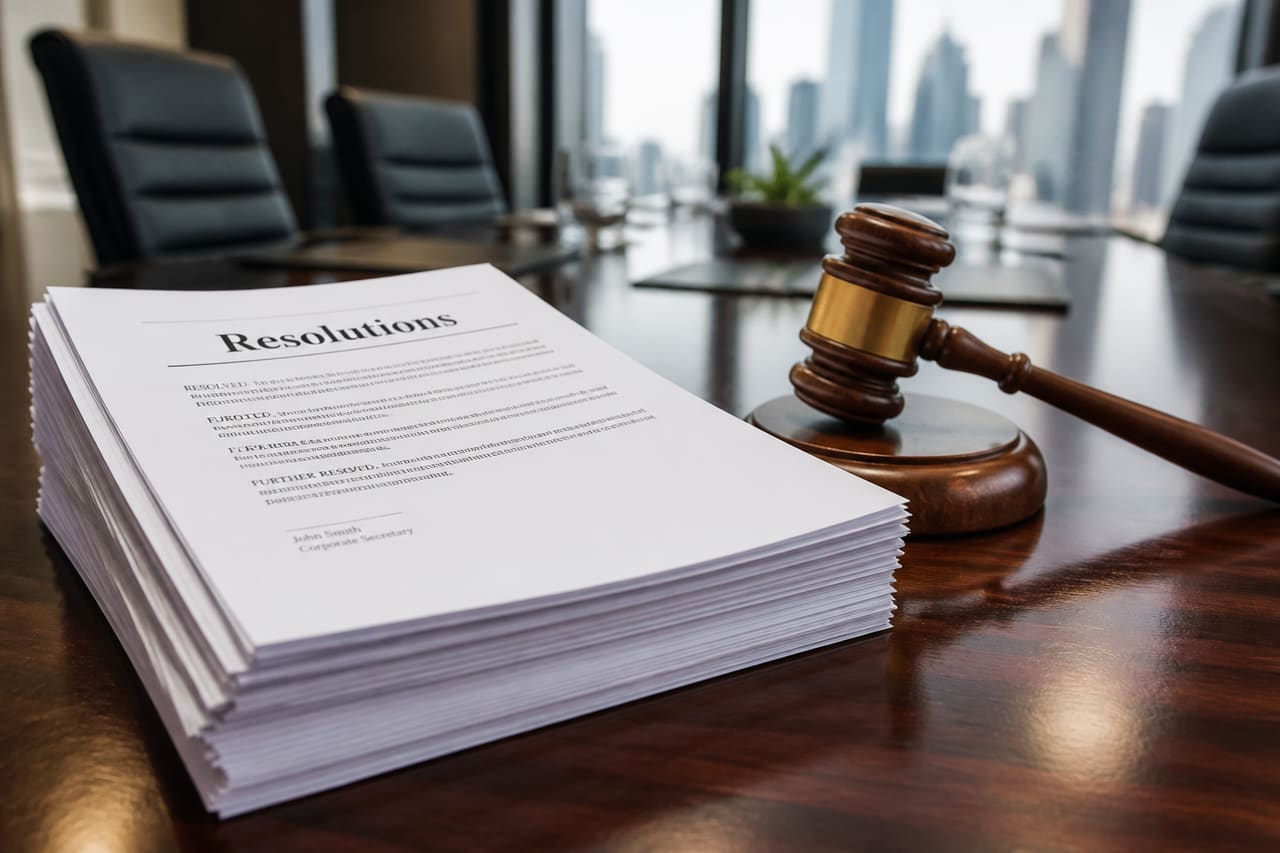 Official Resolution Documents and Gavel on a Polished Conference Table