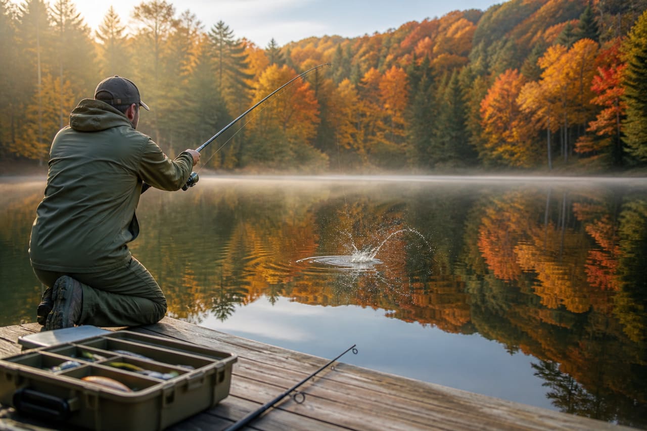 Fisherman Casting a Lure Into an Autumn Lake