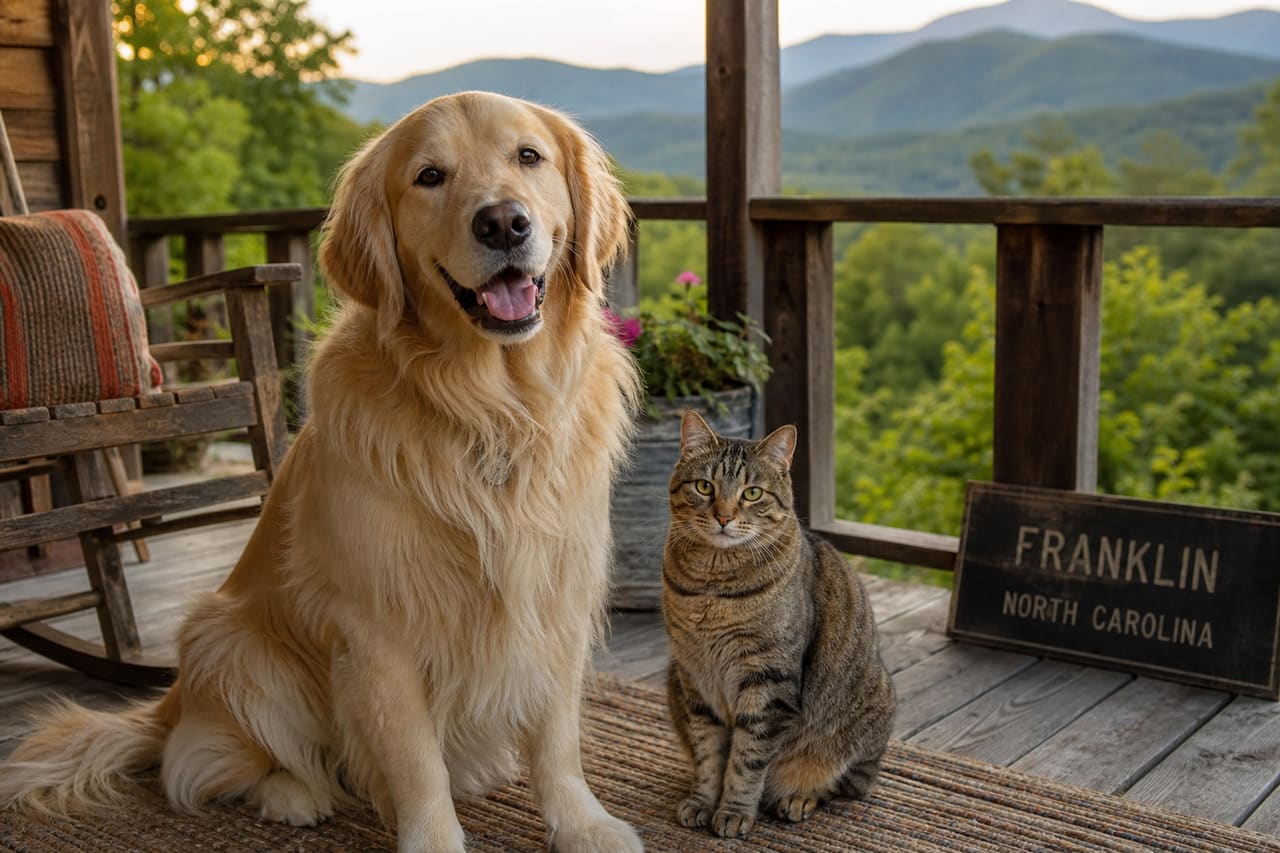 Dog and Cat Sitting on a Porch Overlooking the Smoky Mountains