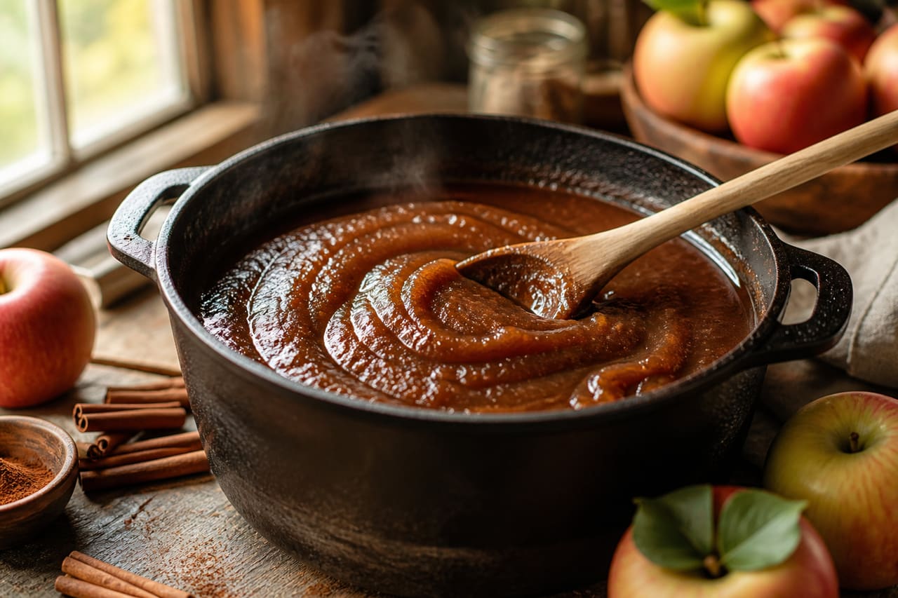 Apple Butter Simmering in a Cast Iron Dutch Oven