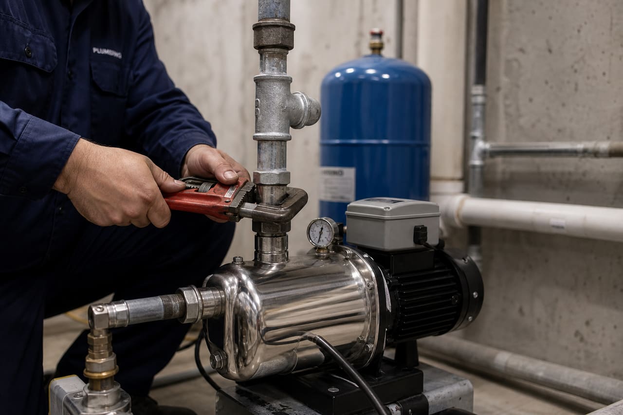 Plumber Replacing a Jet Pump in a Residential Basement