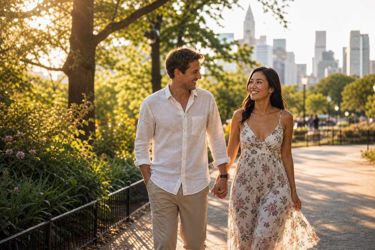 Young Couple Walking Hand in Hand Through a Sunlit City Park