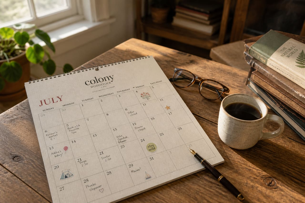 Printed Colony Woodstock Calendar on a Rustic Wooden Desk
