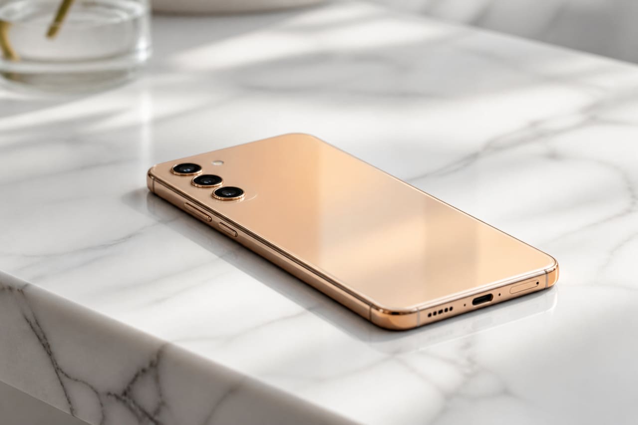 Smartphone in Sunrise Gold Resting on White Marble