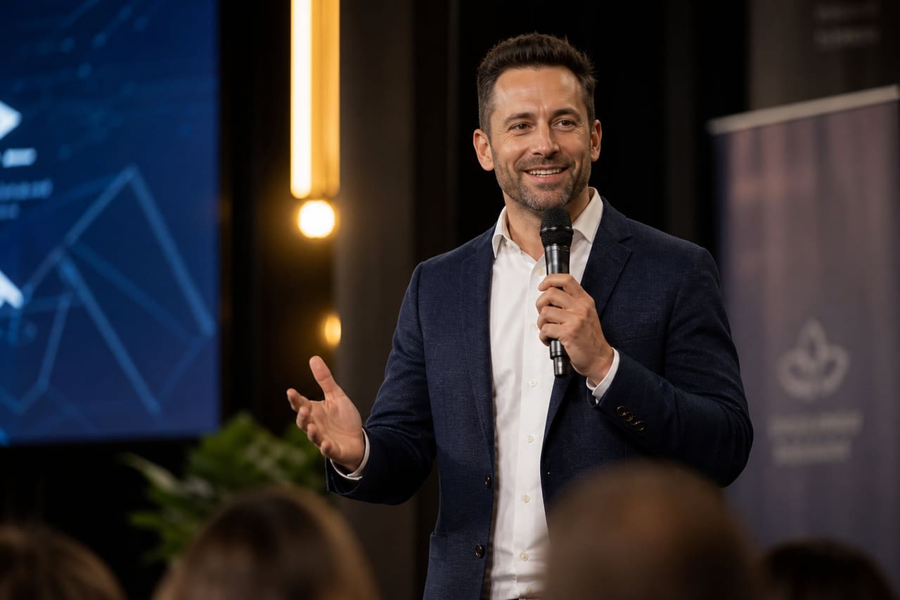 Professional Male Speaker Presenting at a Corporate Conference