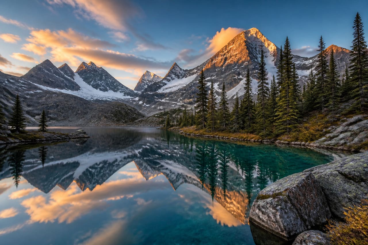 Majestic Snow Capped Mountains Reflecting in a Crystal Clear Alpine Lake