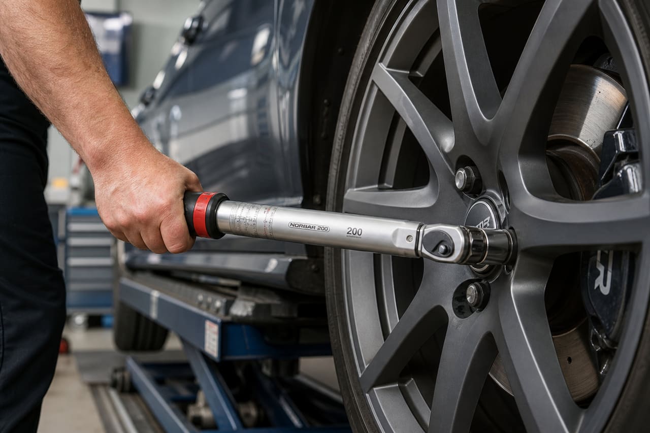 Mechanic Using a Torque Wrench on a Car Wheel