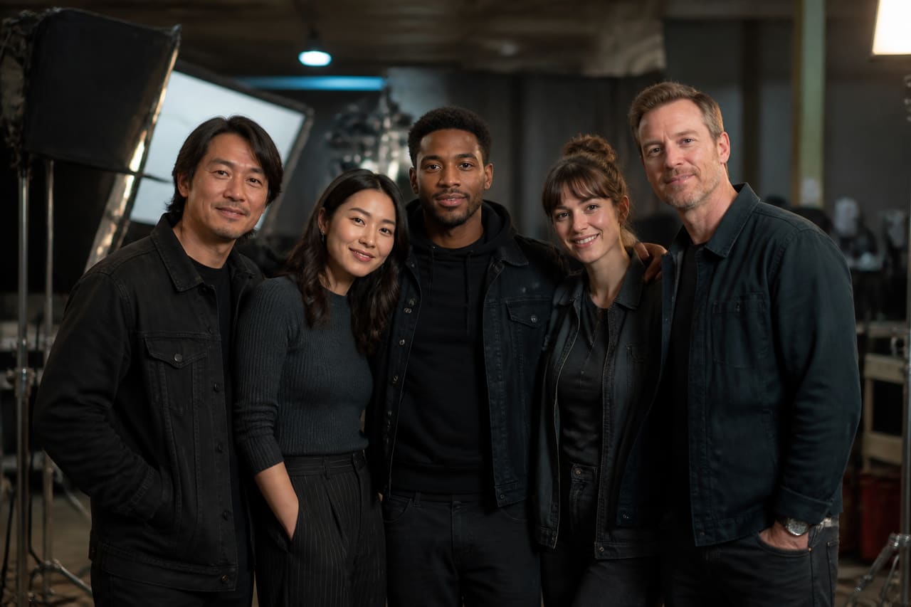 Diverse Group of Actors Posing for a Film Production Cast Photo