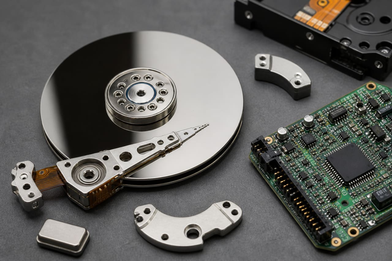 Disassembled Computer Hard Disk Parts on Industrial Workbench