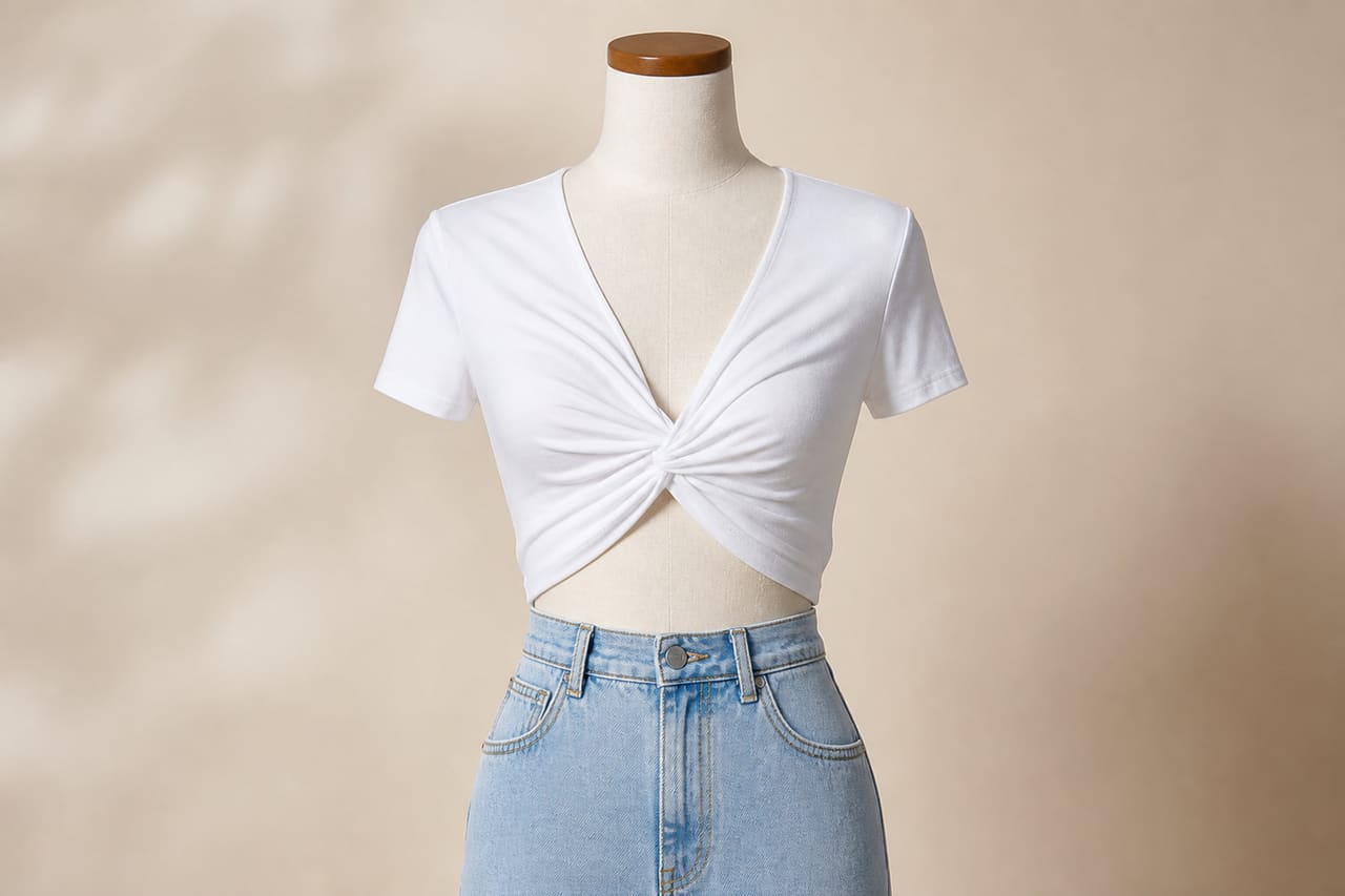 Woman Wearing a White Twist Front Crop Top