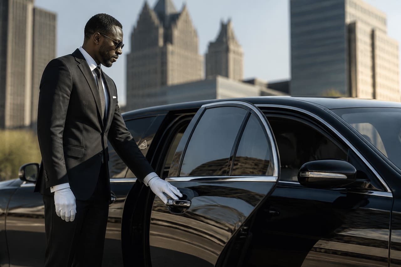 Professional Chauffeur Opening Door for Passenger in Detroit