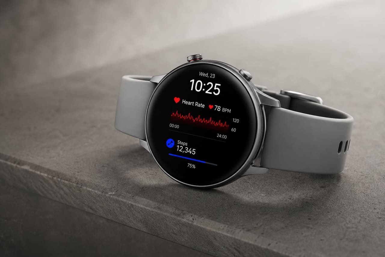 Modern Smartwatch with Health Interface on Stone Surface