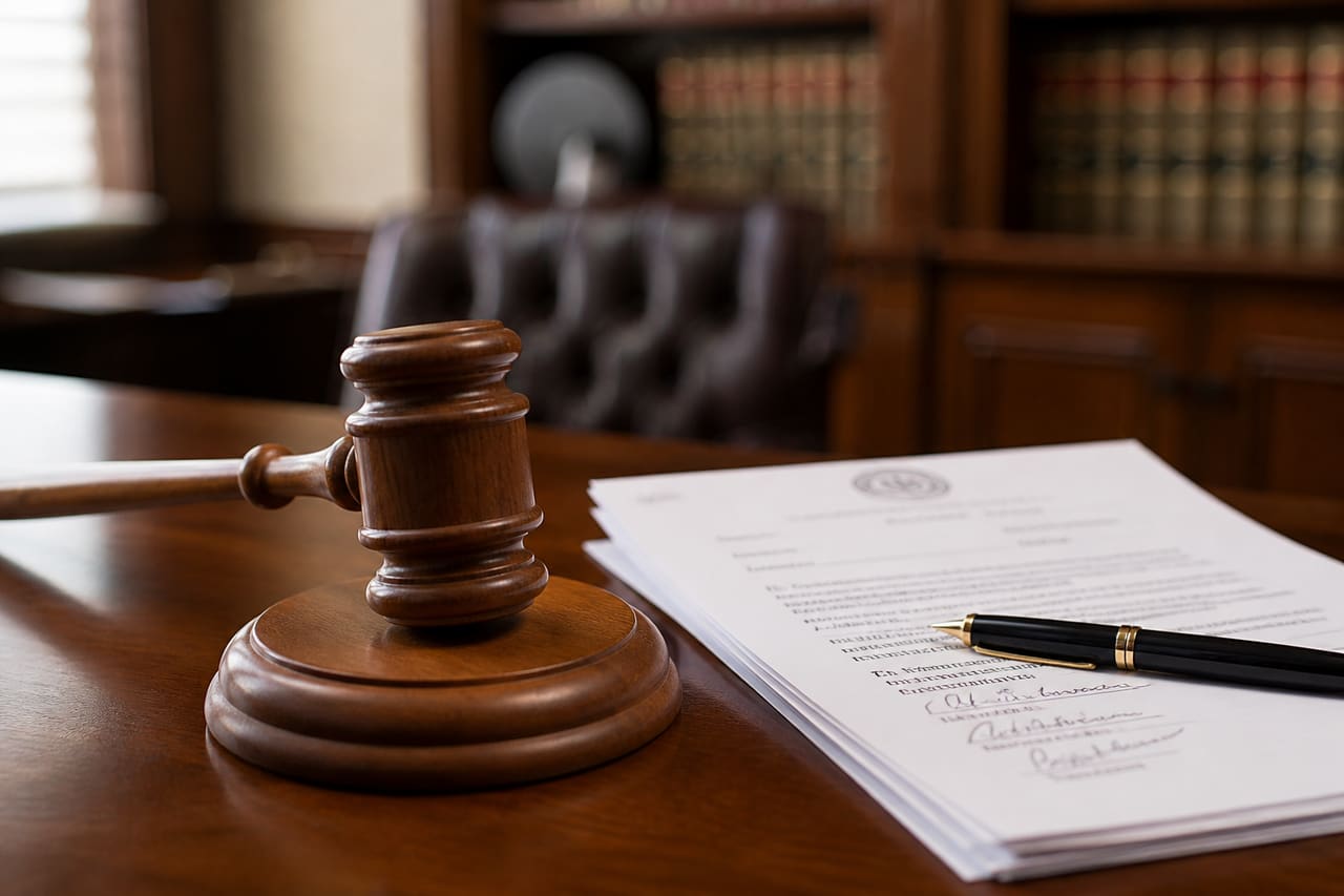 Legal Documents and Gavel on Wooden Desk for Protective Order