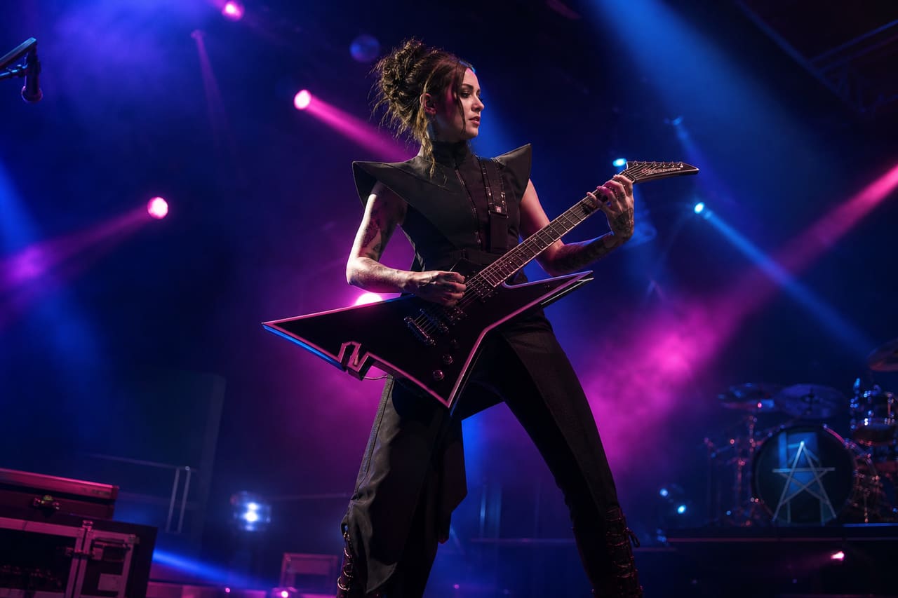 Female Musician Performing with Electric Guitar on Stage