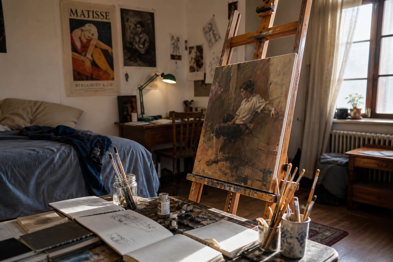 Student Artist's Bedroom in a Creative College Dormitory